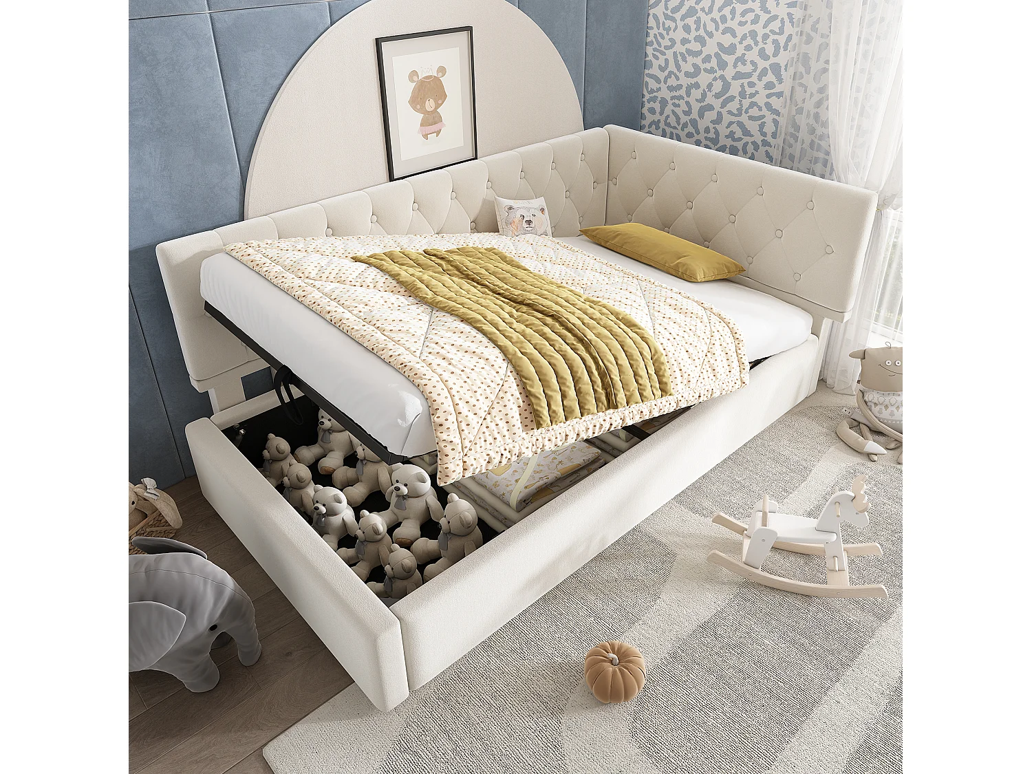 Lit de jour 90x190 cm en velours, avec rangement hydraulique et sommier à lattes, lit enfant ado sans matelas, beige