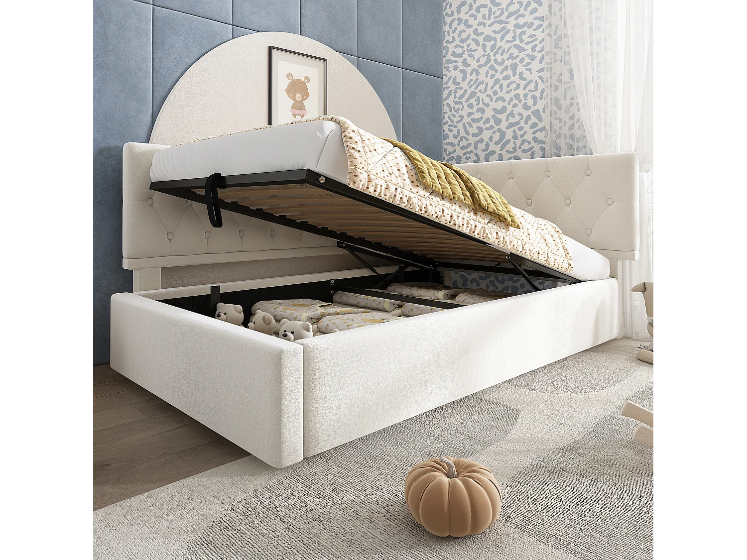 Lit de jour 90x190 cm en velours, avec rangement hydraulique et sommier à lattes, lit enfant ado sans matelas, beige