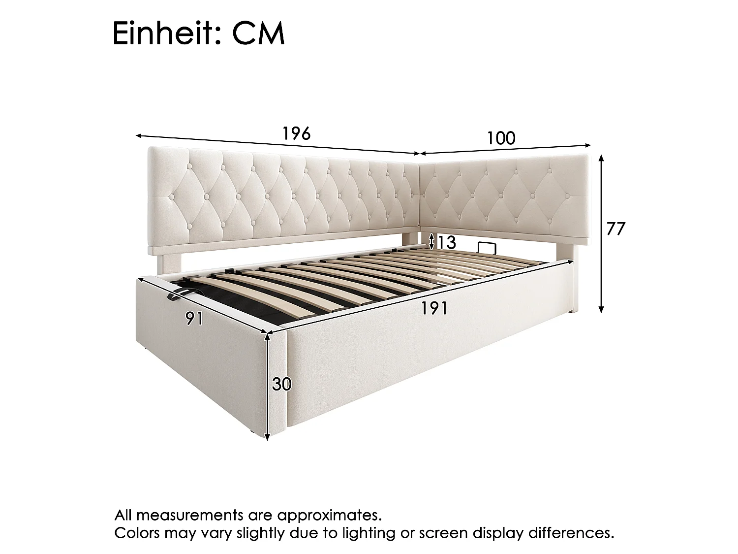 Lit de jour 90x190 cm en velours, avec rangement hydraulique et sommier à lattes, lit enfant ado sans matelas, beige