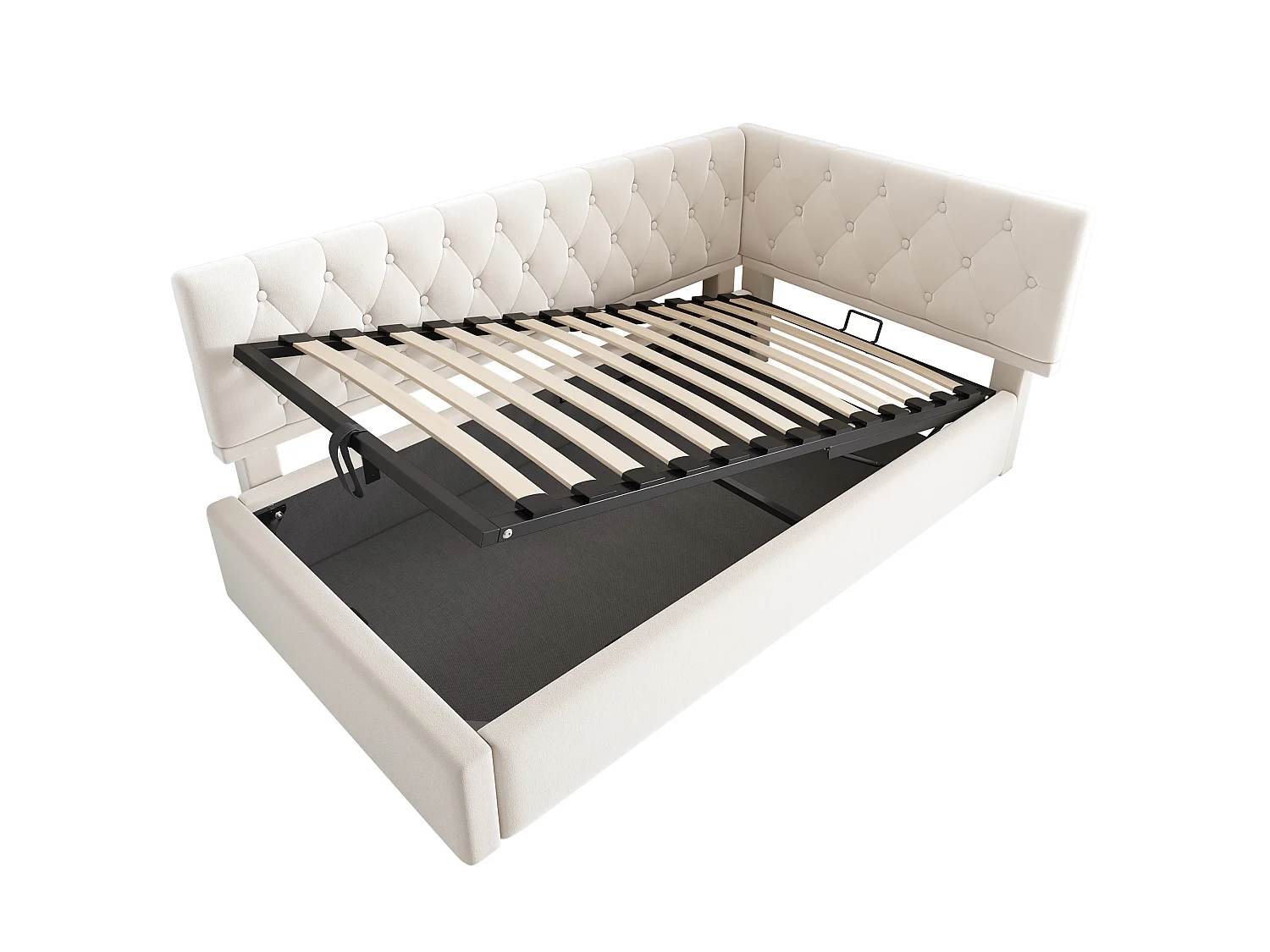 Lit de jour 90x190 cm en velours, avec rangement hydraulique et sommier à lattes, lit enfant ado sans matelas, beige