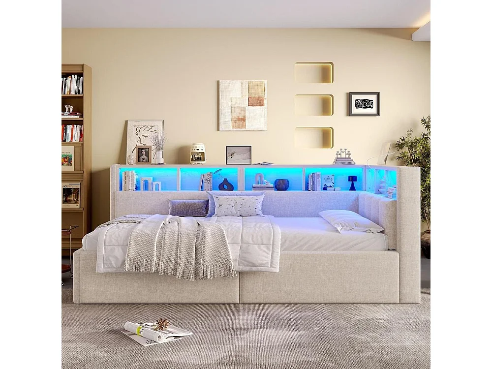Lit de jour 90x200, USB-C, hydraulique, LED multicolore, rangements, lin très confortable élégant et moderne, beige