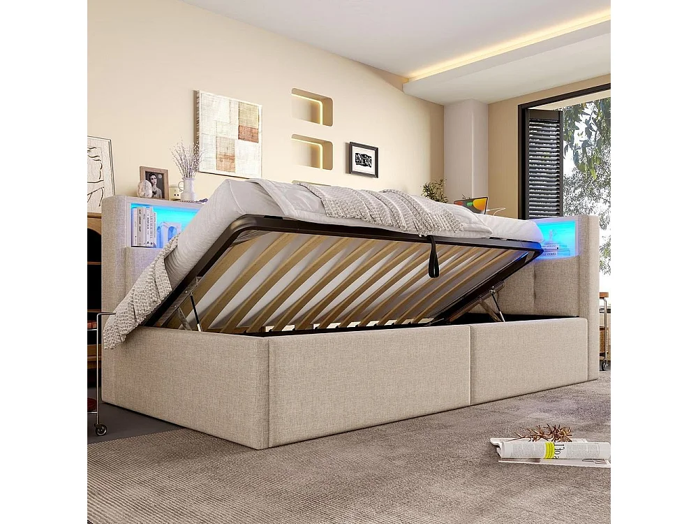 Lit de jour 90x200, USB-C, hydraulique, LED multicolore, rangements, lin très confortable élégant et moderne, beige