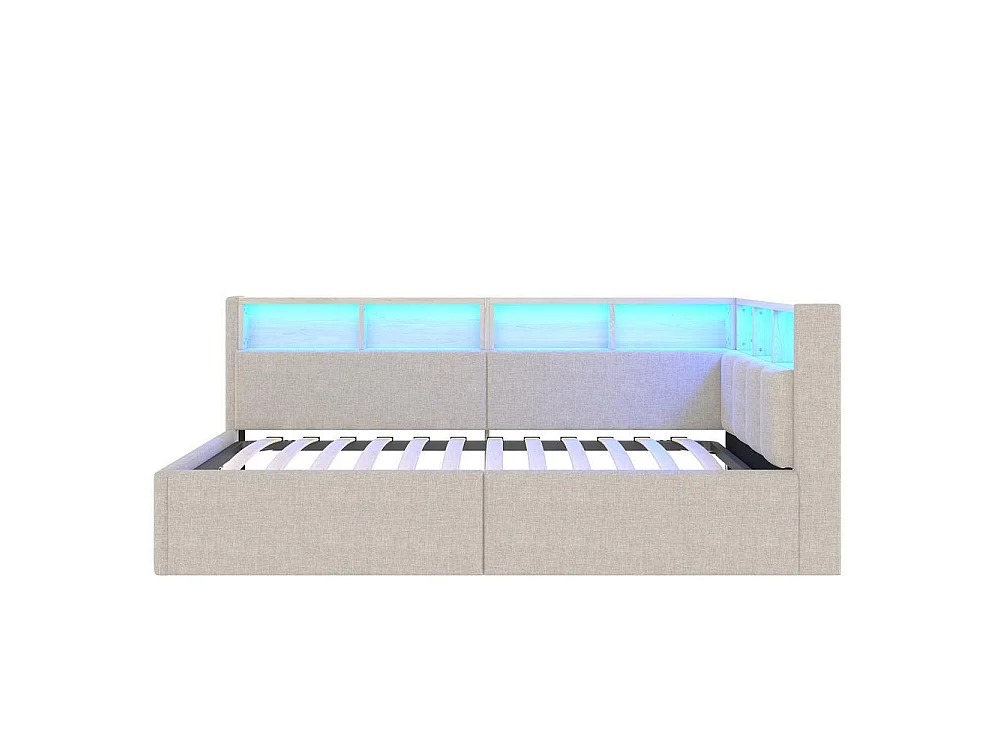 Lit de jour 90x200, USB-C, hydraulique, LED multicolore, rangements, lin très confortable élégant et moderne, beige
