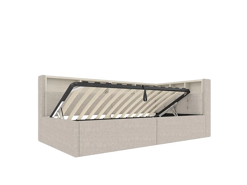 Lit de jour 90x200, USB-C, hydraulique, LED multicolore, rangements, lin très confortable élégant et moderne, beige