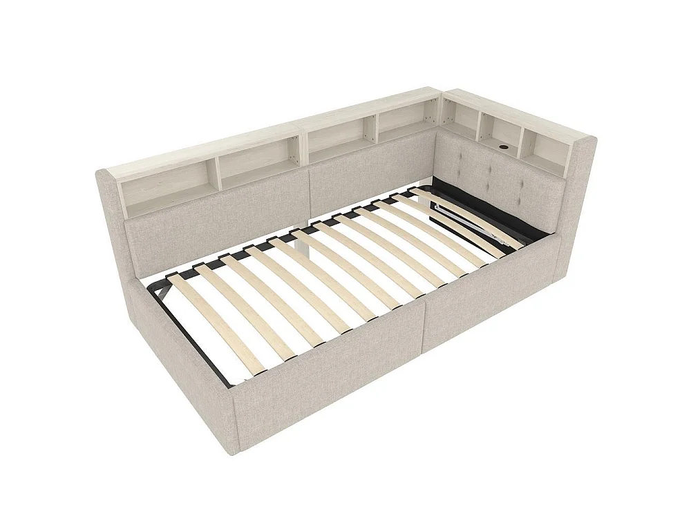 Lit de jour 90x200, USB-C, hydraulique, LED multicolore, rangements, lin très confortable élégant et moderne, beige