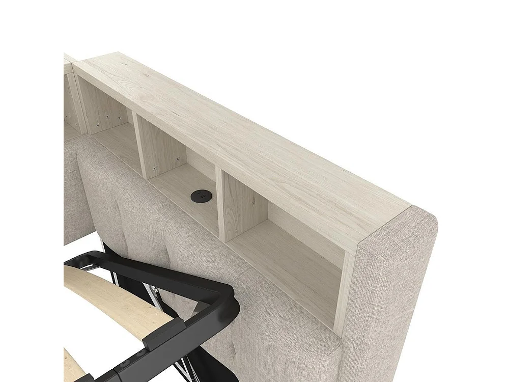 Lit de jour 90x200, USB-C, hydraulique, LED multicolore, rangements, lin très confortable élégant et moderne, beige