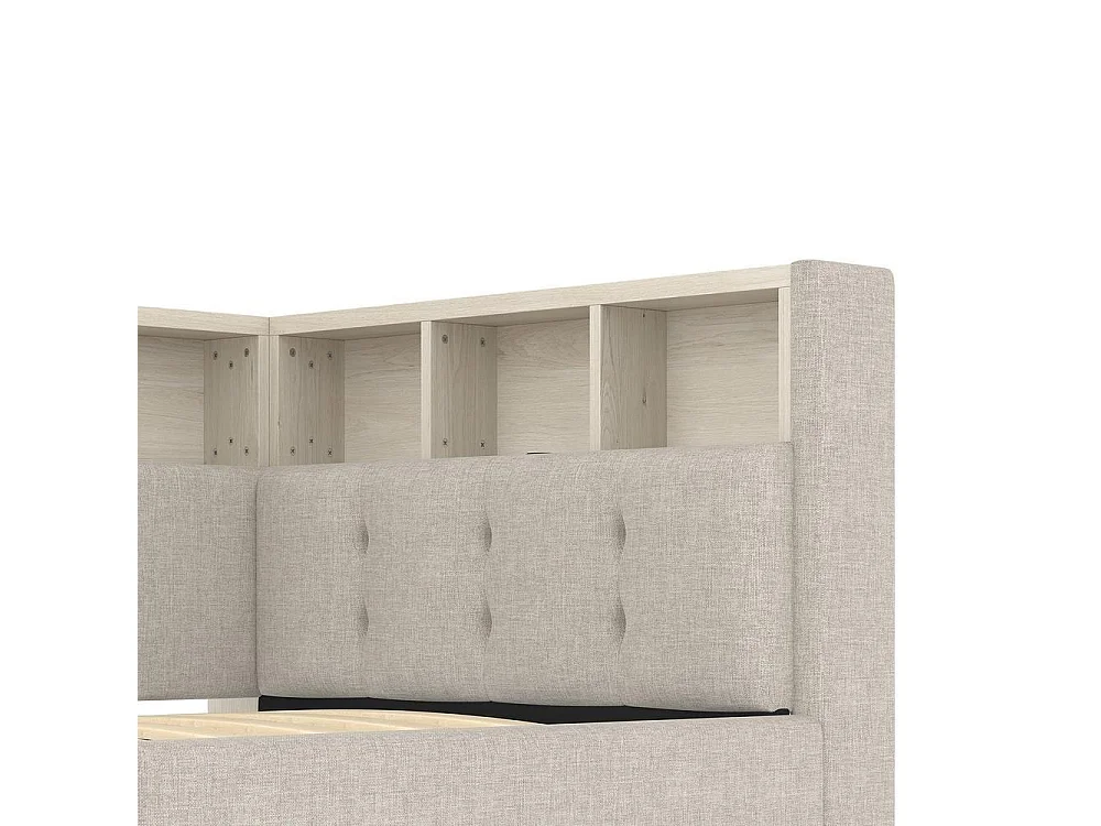 Lit de jour 90x200, USB-C, hydraulique, LED multicolore, rangements, lin très confortable élégant et moderne, beige
