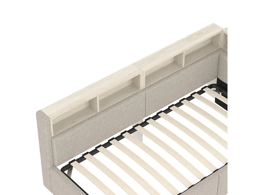 Lit de jour 90x200, USB-C, hydraulique, LED multicolore, rangements, lin très confortable élégant et moderne, beige
