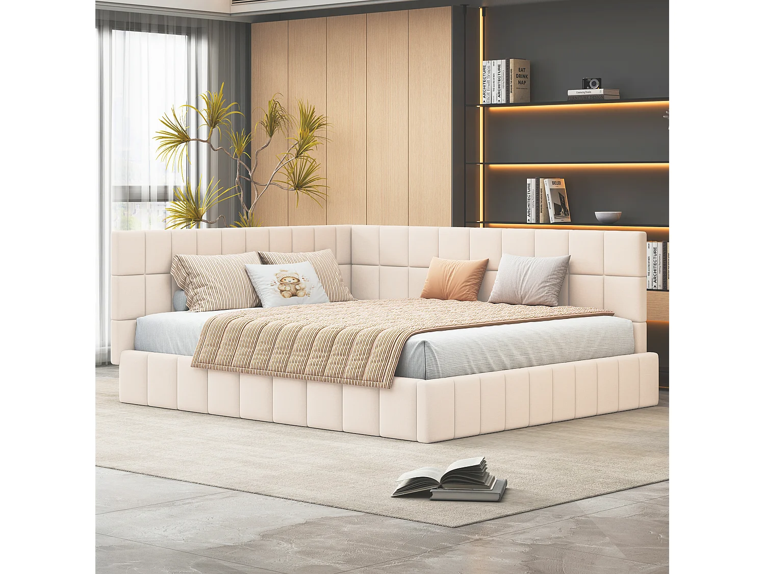 Canapé Lit Velours Beige 160x200 cm Multifonction, Banquette Convertible avec Accoudoirs, Sommier à Lattes Réversible, 250 kg