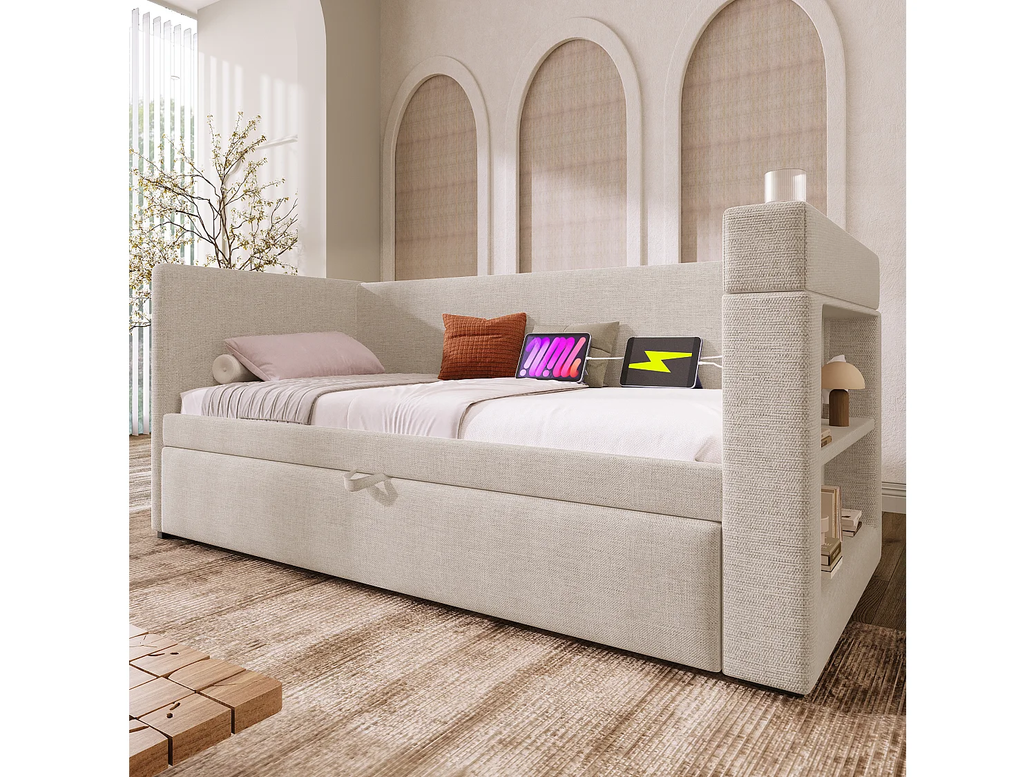 Lit 90x190 cm, canapé lit escamotable, accoudoirs avec USB-C et porte-gobelets, lin beige, sans matelas