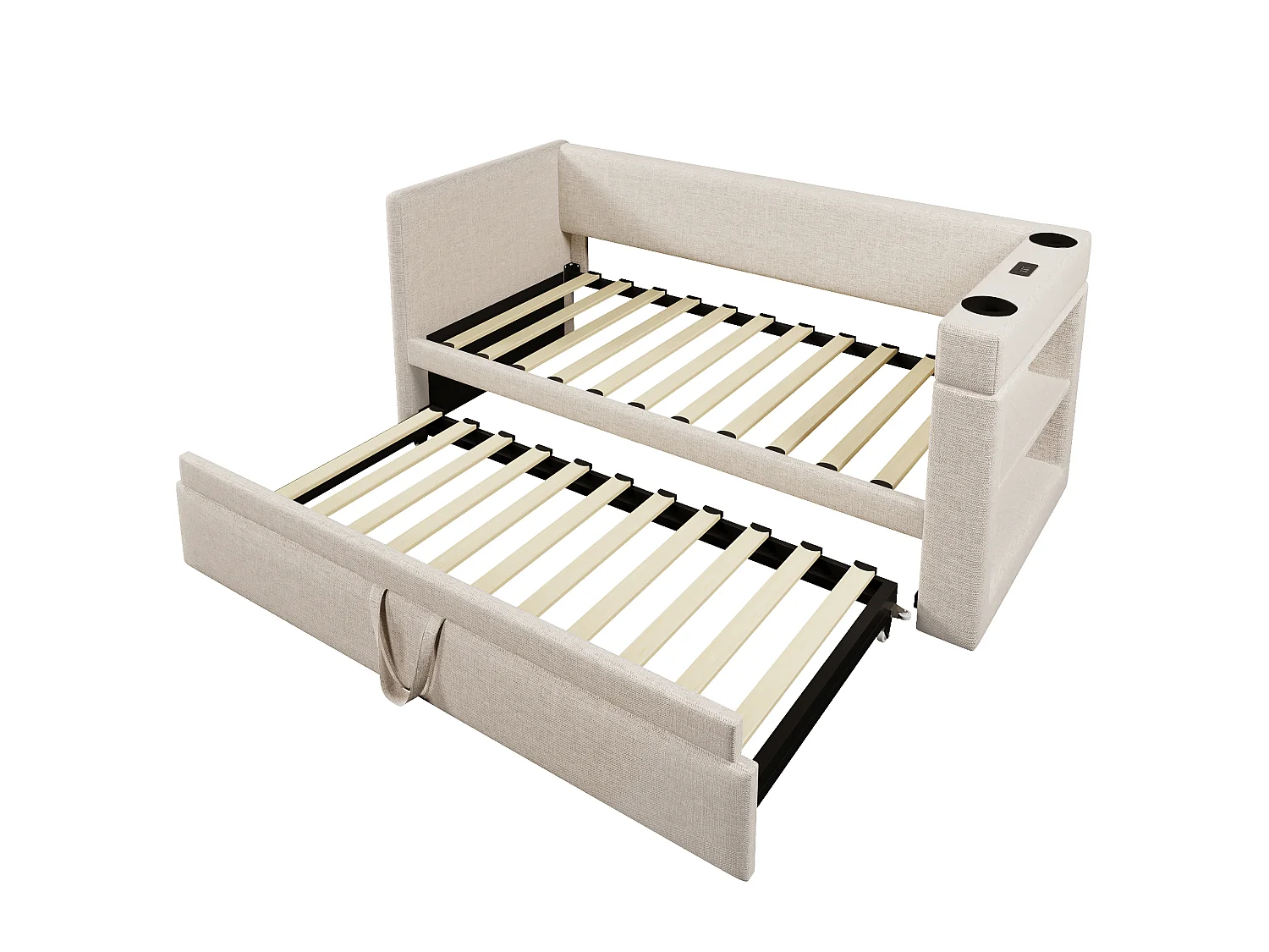Lit 90x190 cm, canapé lit escamotable, accoudoirs avec USB-C et porte-gobelets, lin beige, sans matelas