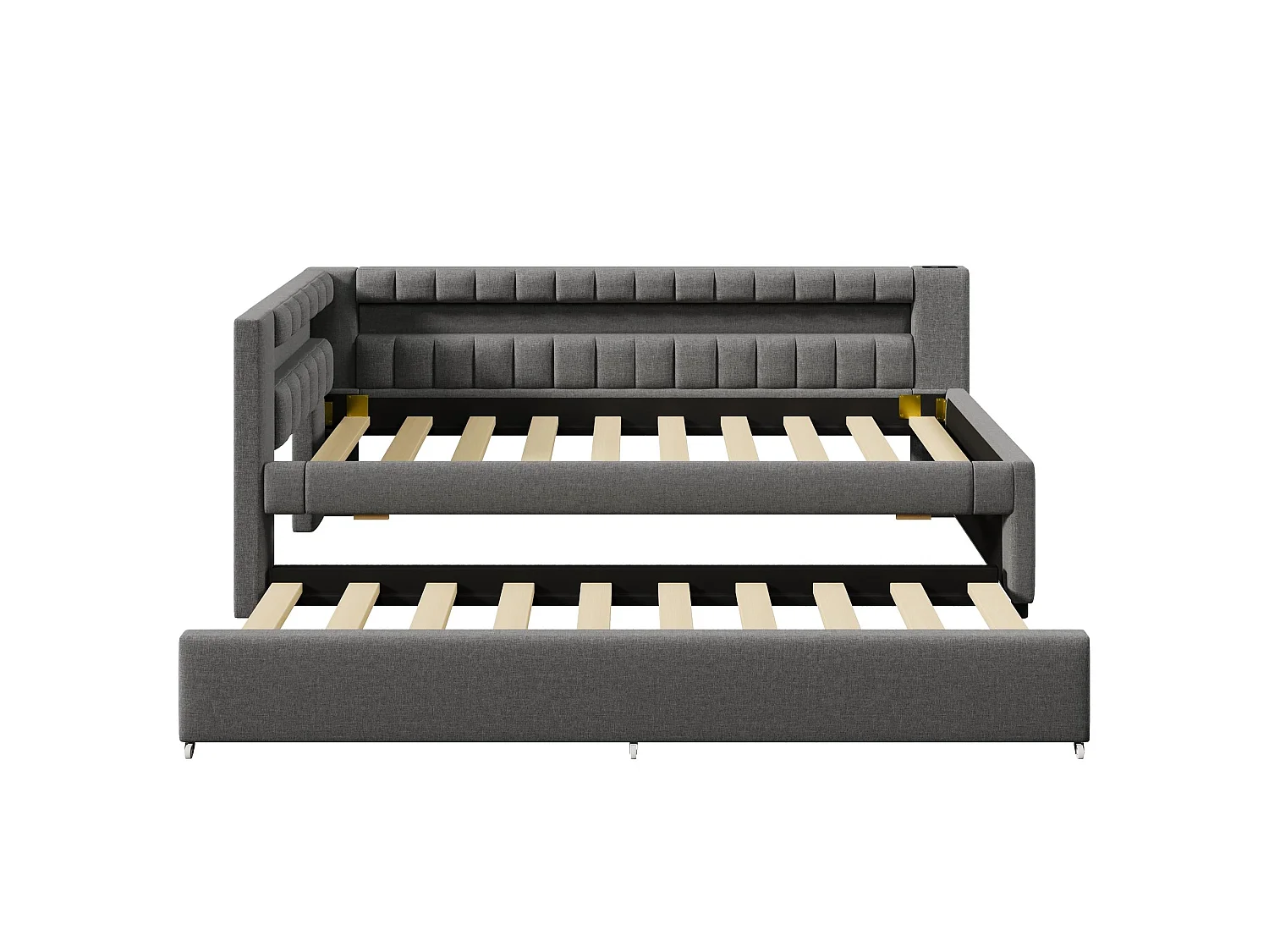 Lit de jour 90 x 200 cm, canapé-lit gris en lin, avec lit gigogne, LED télécommande, USB, Type-C, sans matelas