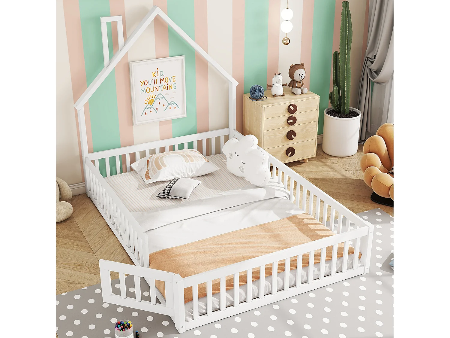 Lit enfant 140x200 cm en forme de cheminée, garde-corps sécurisé, sommier à lattes, bois de pin blanc
