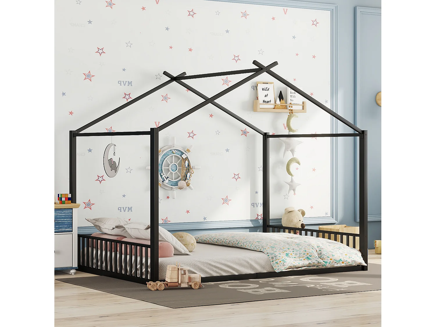 Lit Enfant Forme Maison Noir 140x200 cm avec Cadre Métal Robuste, Design Unique Cabane,Style Scandinave Moderne,pour Fille et Garçon
