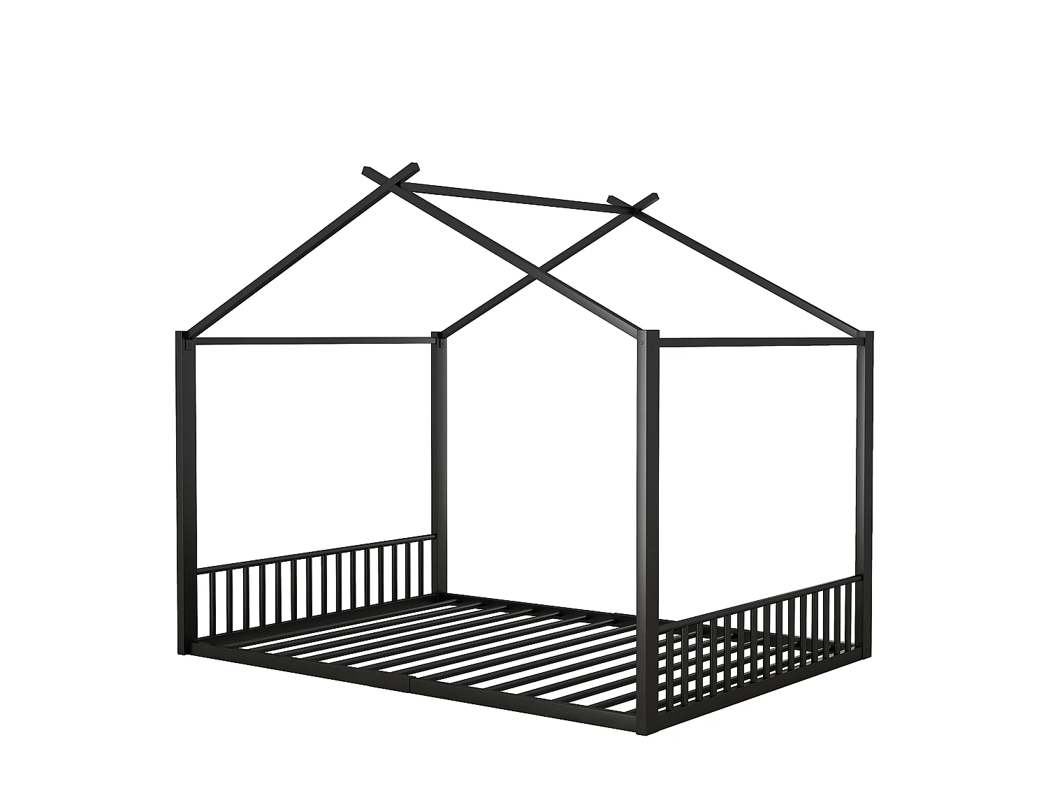 Lit Enfant Forme Maison Noir 140x200 cm avec Cadre Métal Robuste, Design Unique Cabane,Style Scandinave Moderne,pour Fille et Garçon