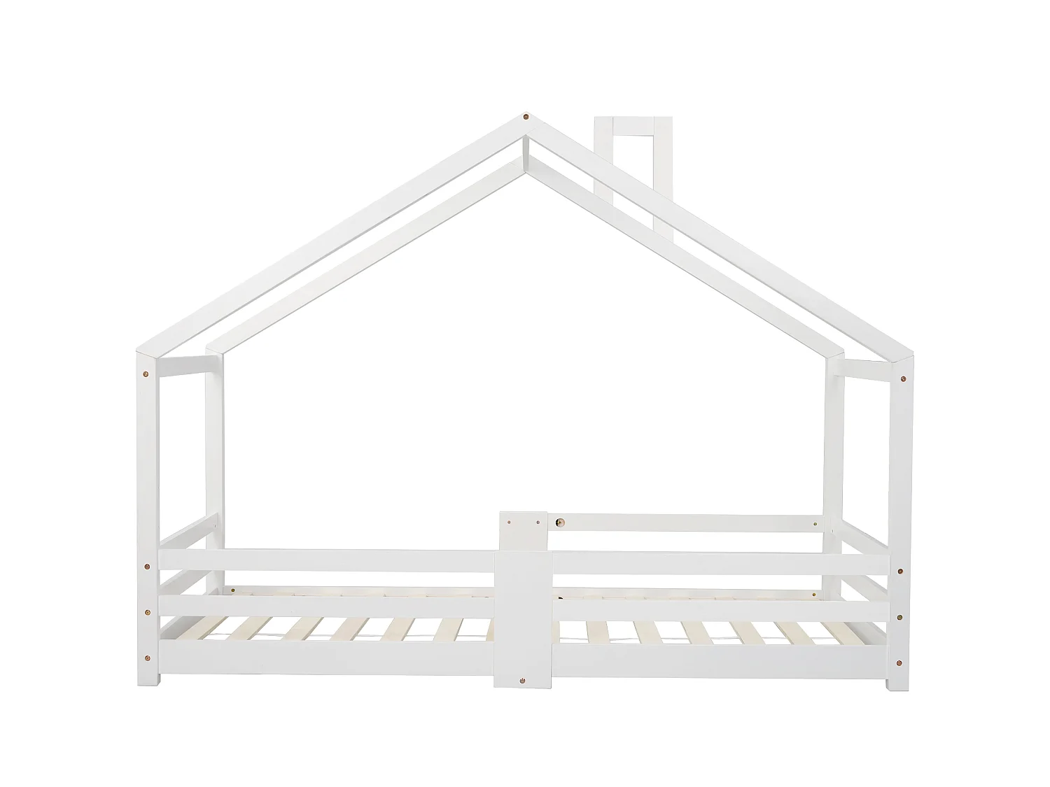 Lit enfant en forme de maison 90x200 cm avec cheminée, barrières anti-chute, lattes robustes, pin blanc