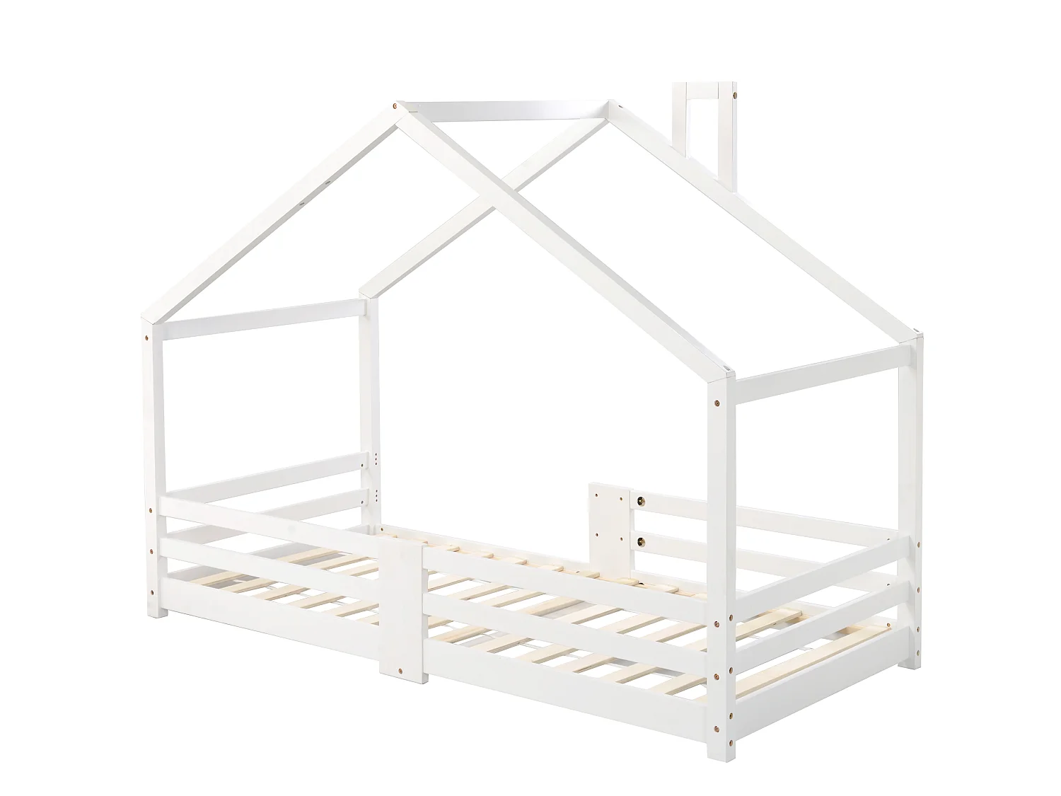 Lit enfant en forme de maison 90x200 cm avec cheminée, barrières anti-chute, lattes robustes, pin blanc