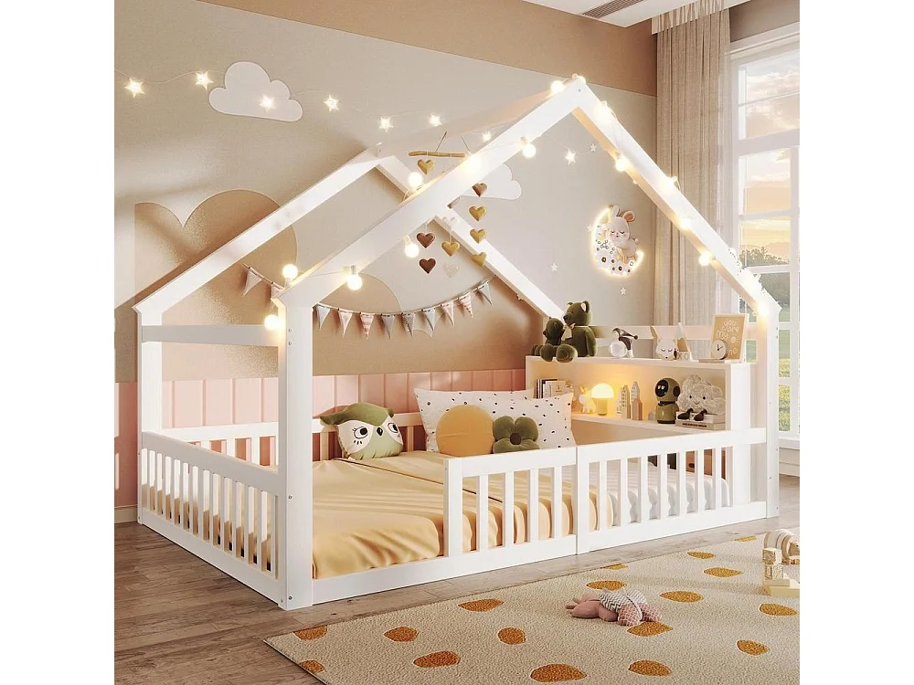 Lit plat enfant 140x190 cm, maison, LED, garde-corps, pin massif, rangements latéraux, design minimaliste, blanc