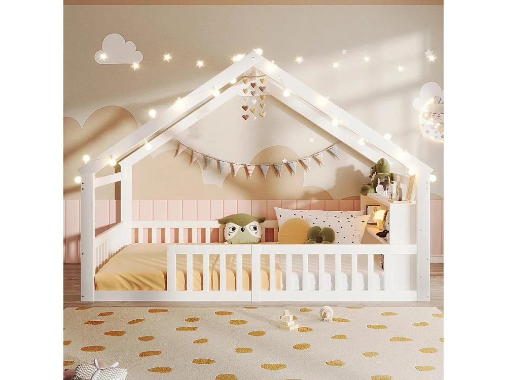 Lit plat enfant 140x190 cm, maison, LED, garde-corps, pin massif, rangements latéraux, design minimaliste, blanc