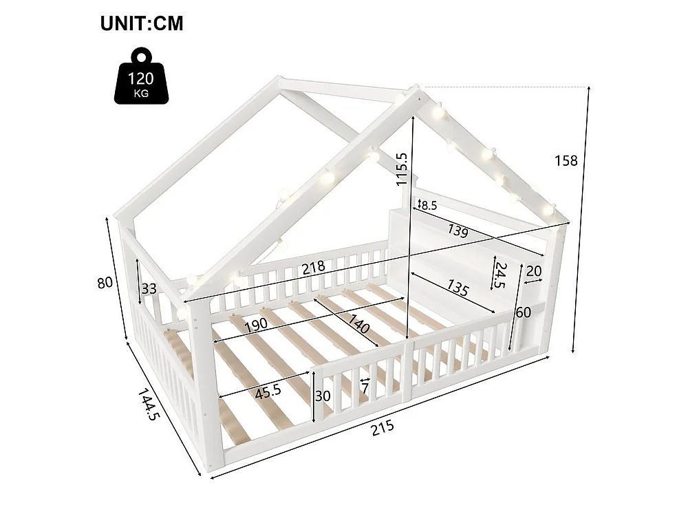Lit plat enfant 140x190 cm, maison, LED, garde-corps, pin massif, rangements latéraux, design minimaliste, blanc