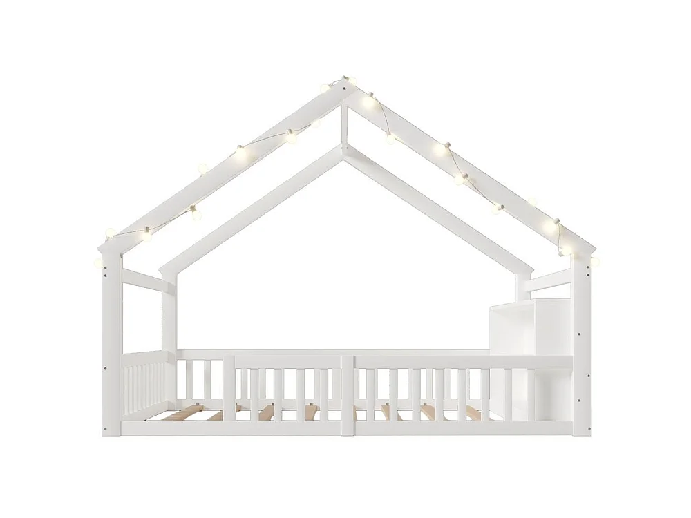 Lit plat enfant 140x190 cm, maison, LED, garde-corps, pin massif, rangements latéraux, design minimaliste, blanc