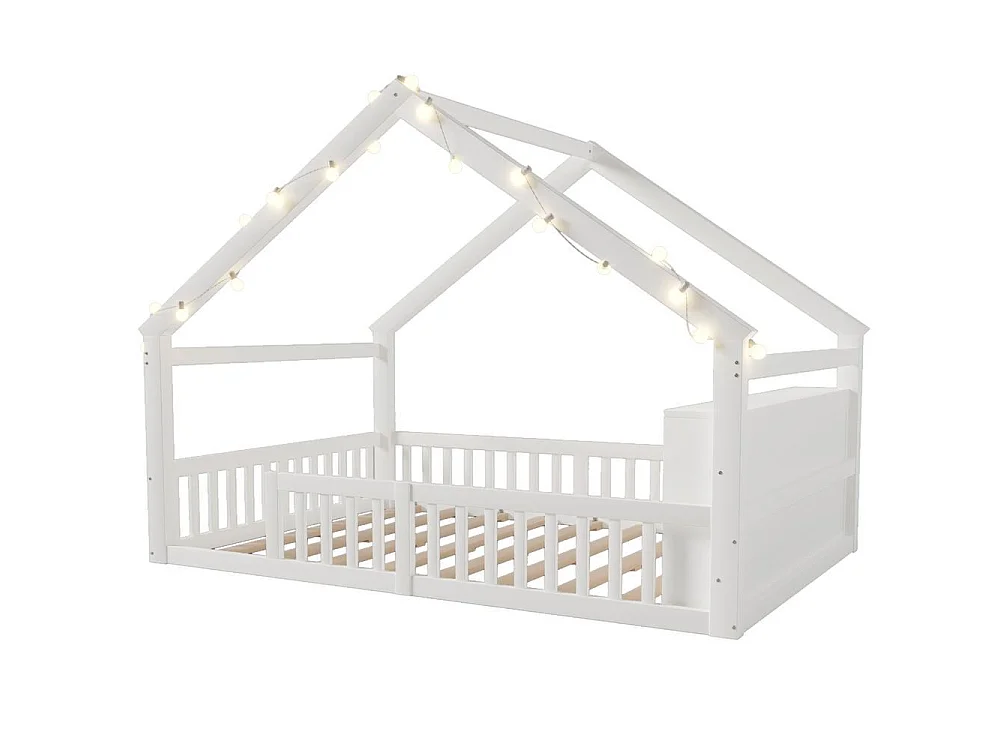 Lit plat enfant 140x190 cm, maison, LED, garde-corps, pin massif, rangements latéraux, design minimaliste, blanc