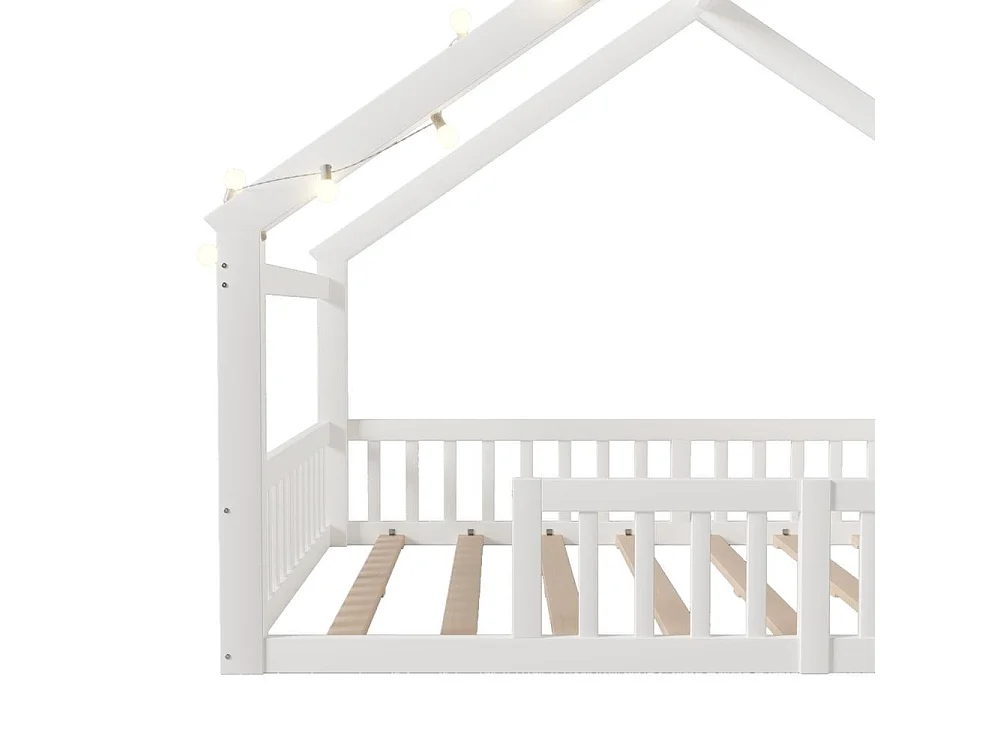 Lit plat enfant 140x190 cm, maison, LED, garde-corps, pin massif, rangements latéraux, design minimaliste, blanc