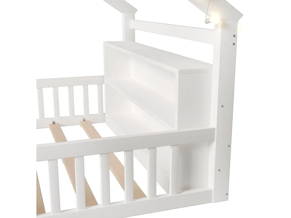 Lit plat enfant 140x190 cm, maison, LED, garde-corps, pin massif, rangements latéraux, design minimaliste, blanc