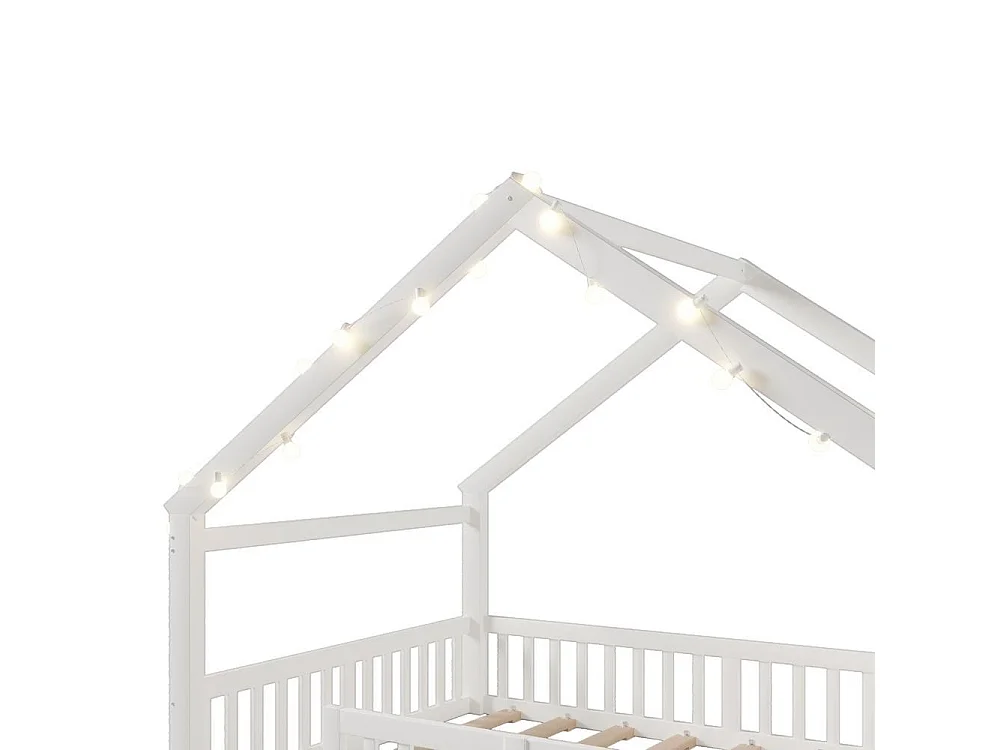 Lit plat enfant 140x190 cm, maison, LED, garde-corps, pin massif, rangements latéraux, design minimaliste, blanc