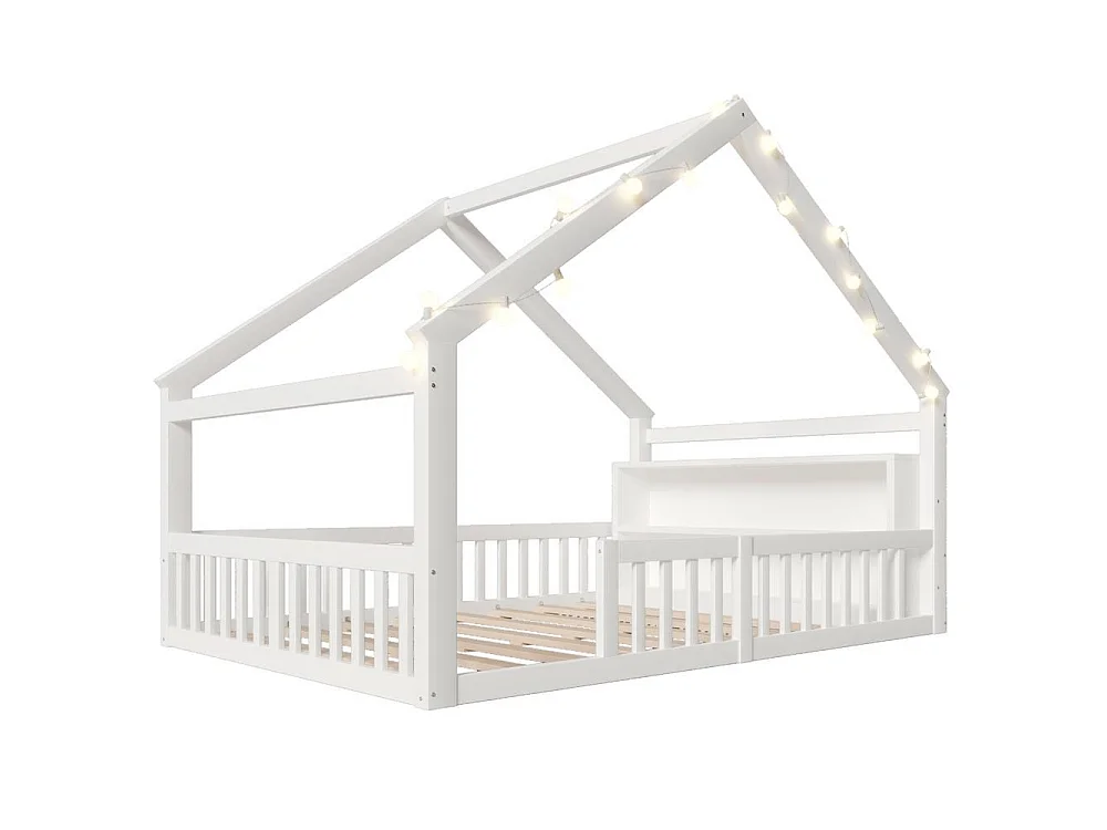 Lit plat enfant 140x190 cm, maison, LED, garde-corps, pin massif, rangements latéraux, design minimaliste, blanc