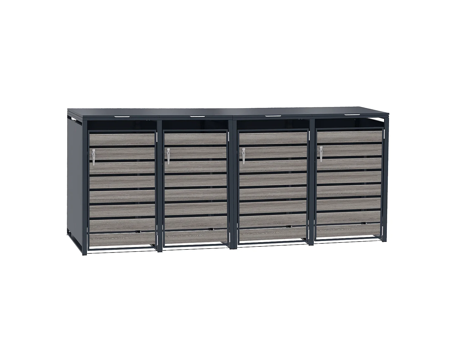 Ensemble de rangement métallique pour quatre poubelles à roulettes - Gris anthracite et bois