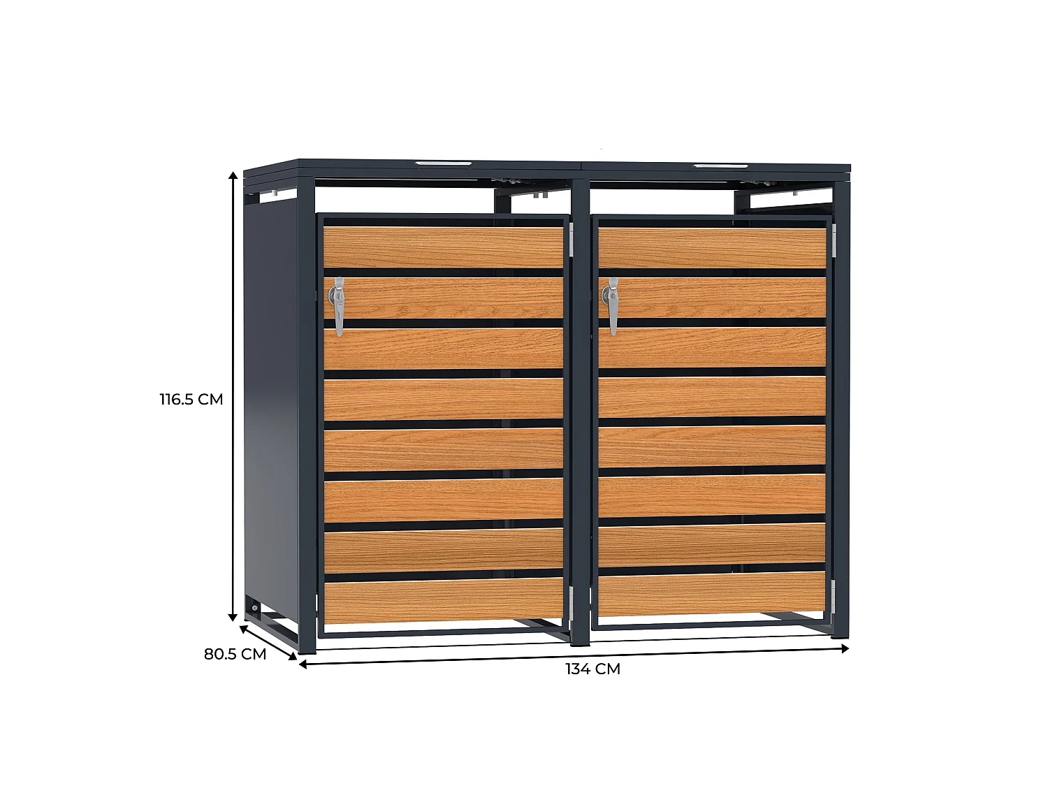 Rangement métallique pour poubelles à roulettes doubles - Anthracite et bois