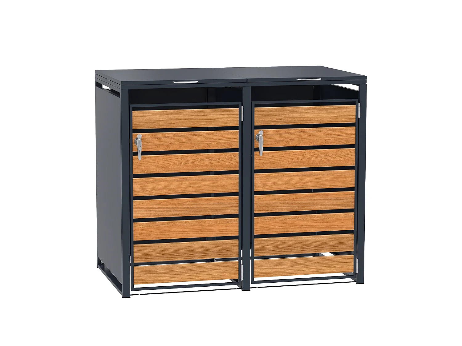 Rangement métallique pour poubelles à roulettes doubles - Anthracite et bois