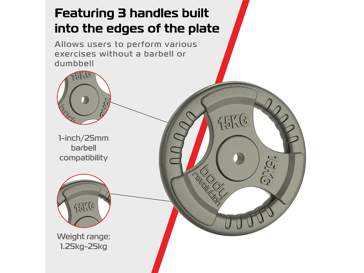 Cast Iron Weight Plates 1" Standard Tri Grip Pairs 2 x 15kg