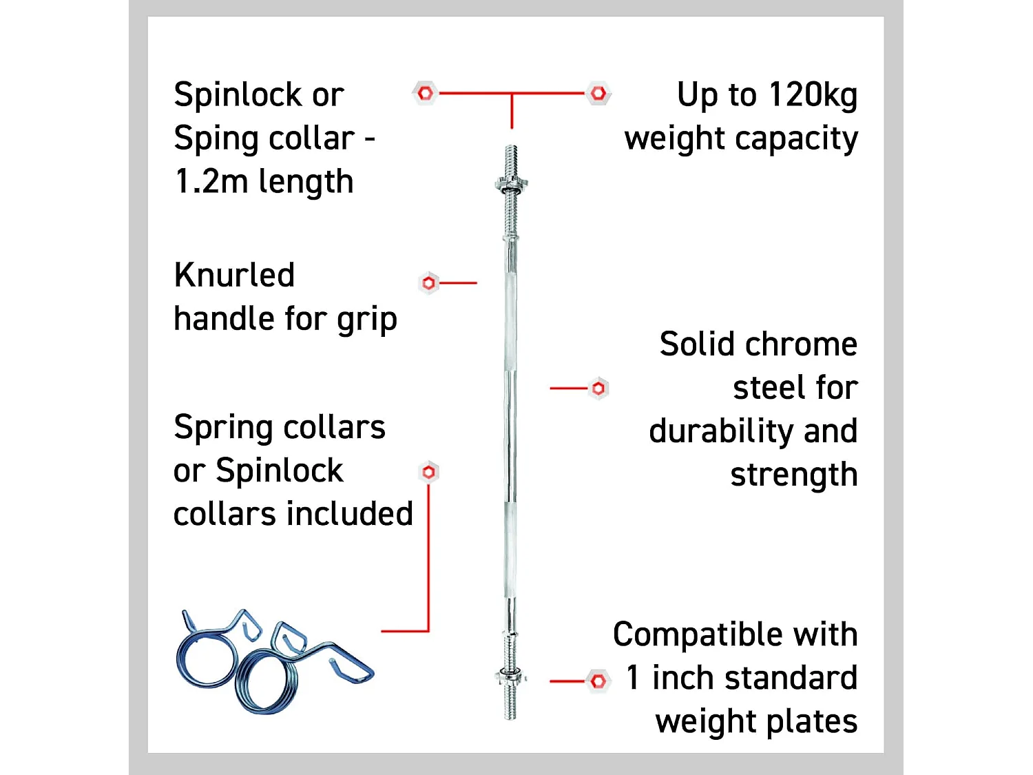 Body Revolution Straight Barbell Bar 1" Standard 1.2m Spinlock Collar