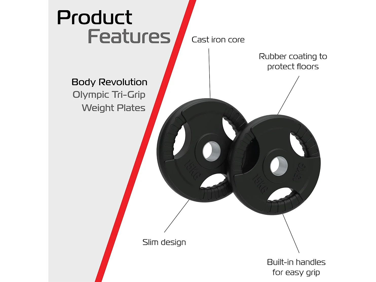 Olympic Tri-Grip Rubber Weight Plates Black Pairs Sets 15 kg PAIR