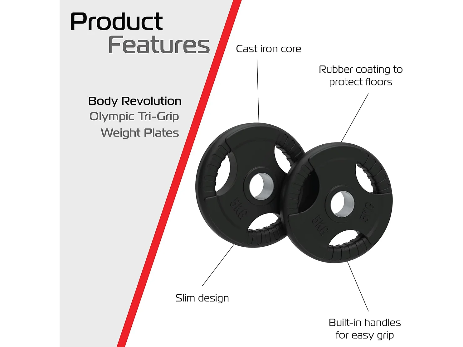 Olympic Tri-Grip Rubber Weight Plates Black Pairs Sets 5 kg PAIR