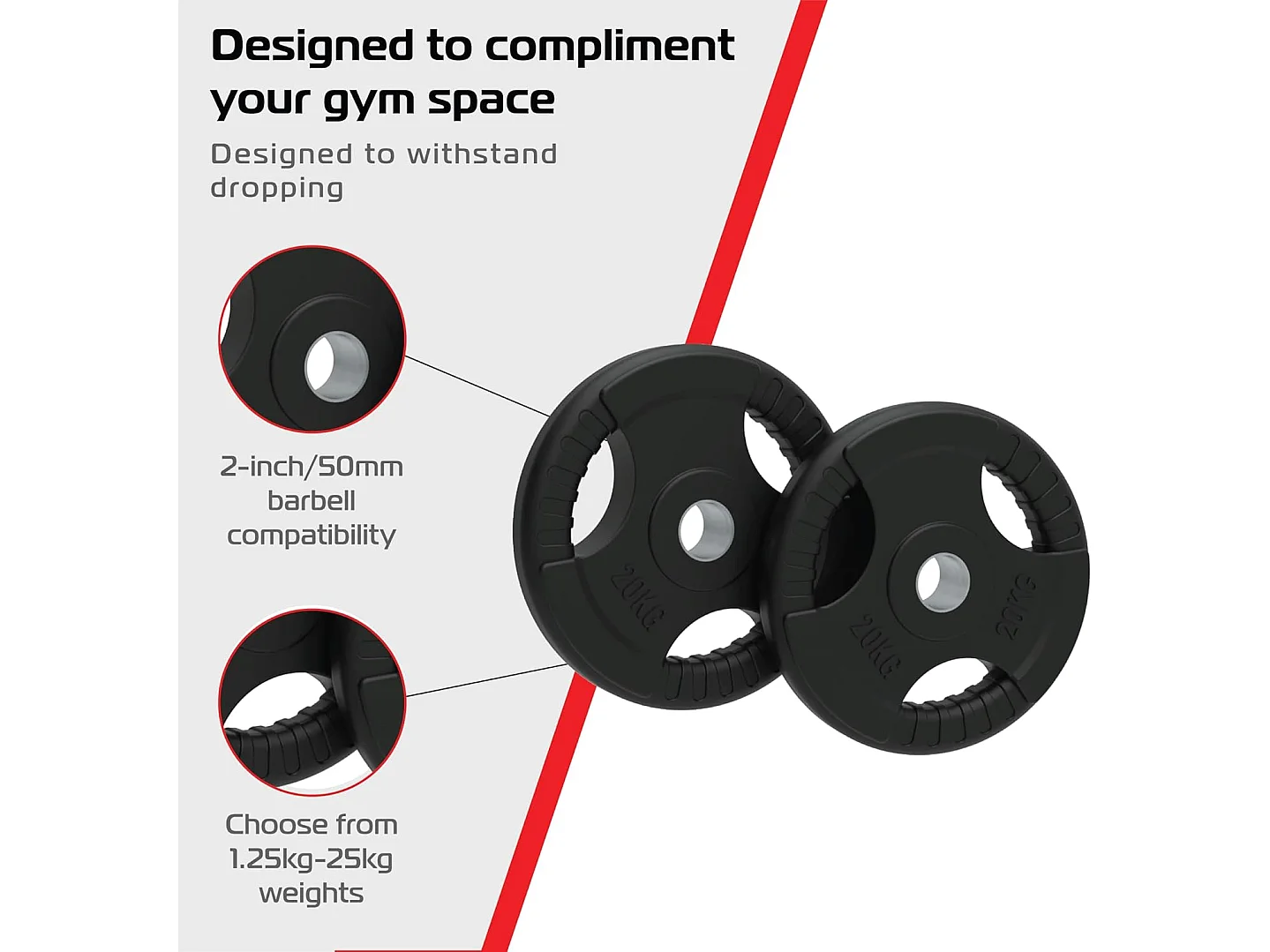 Olympic Tri-Grip Rubber Weight Plates Black Pairs Sets 20 kg PAIR