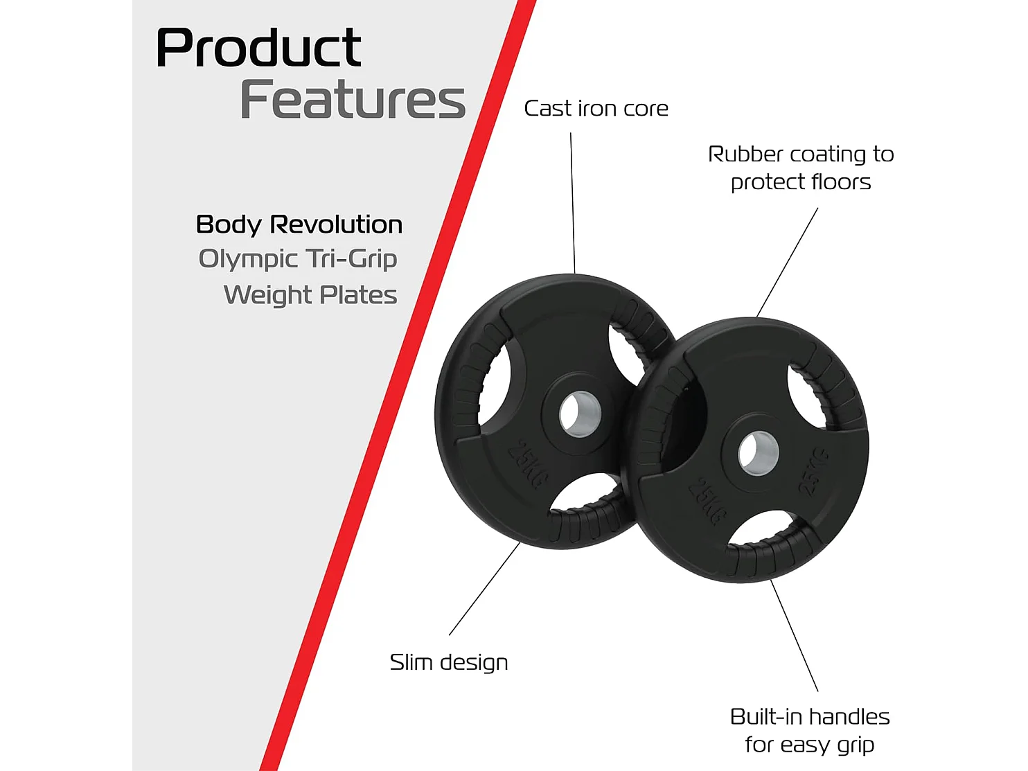 Olympic Tri-Grip Rubber Weight Plates Black Pairs Sets 25 kg PAIR