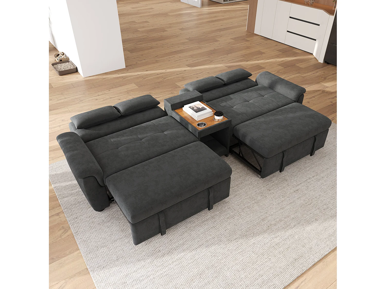 Canapé convertible extensible 4 places en chenille gris foncé, dossier réglable, 4 coussins et porte‑gobelets
