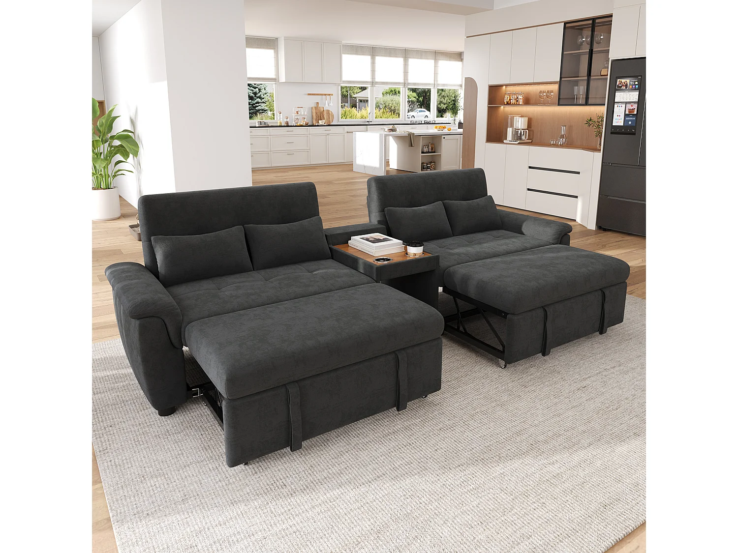 Canapé convertible extensible 4 places en chenille gris foncé, dossier réglable, 4 coussins et porte‑gobelets