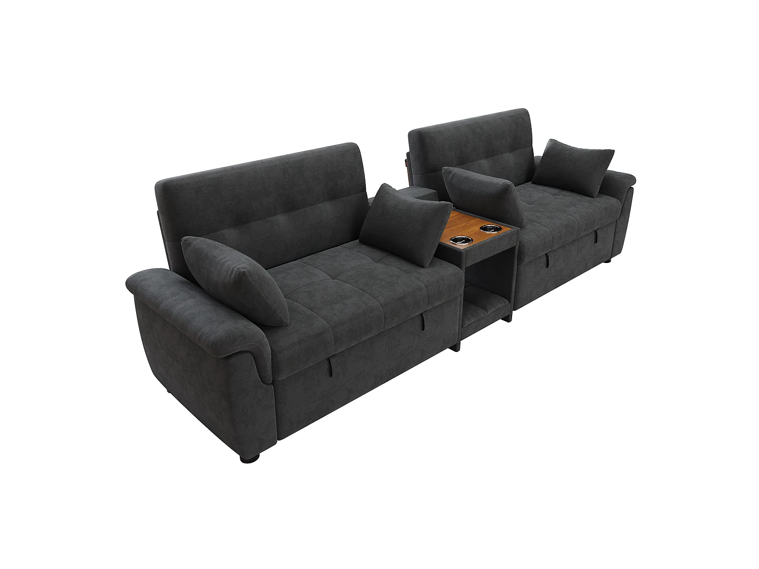 Canapé convertible extensible 4 places en chenille gris foncé, dossier réglable, 4 coussins et porte‑gobelets