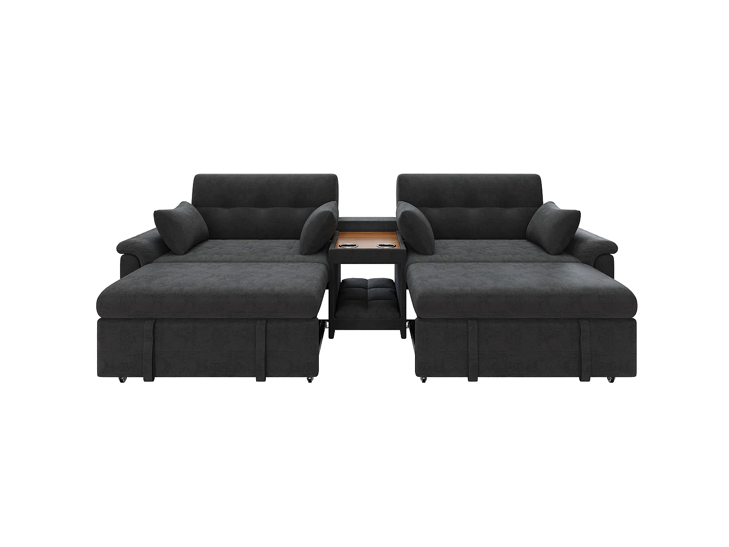 Canapé convertible extensible 4 places en chenille gris foncé, dossier réglable, 4 coussins et porte‑gobelets