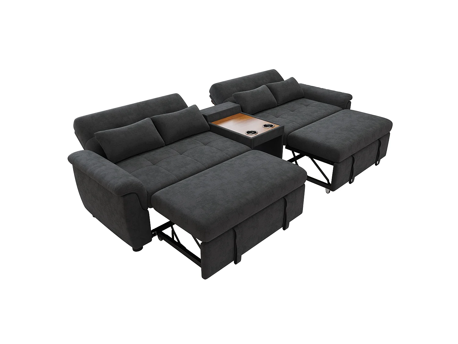 Canapé convertible extensible 4 places en chenille gris foncé, dossier réglable, 4 coussins et porte‑gobelets