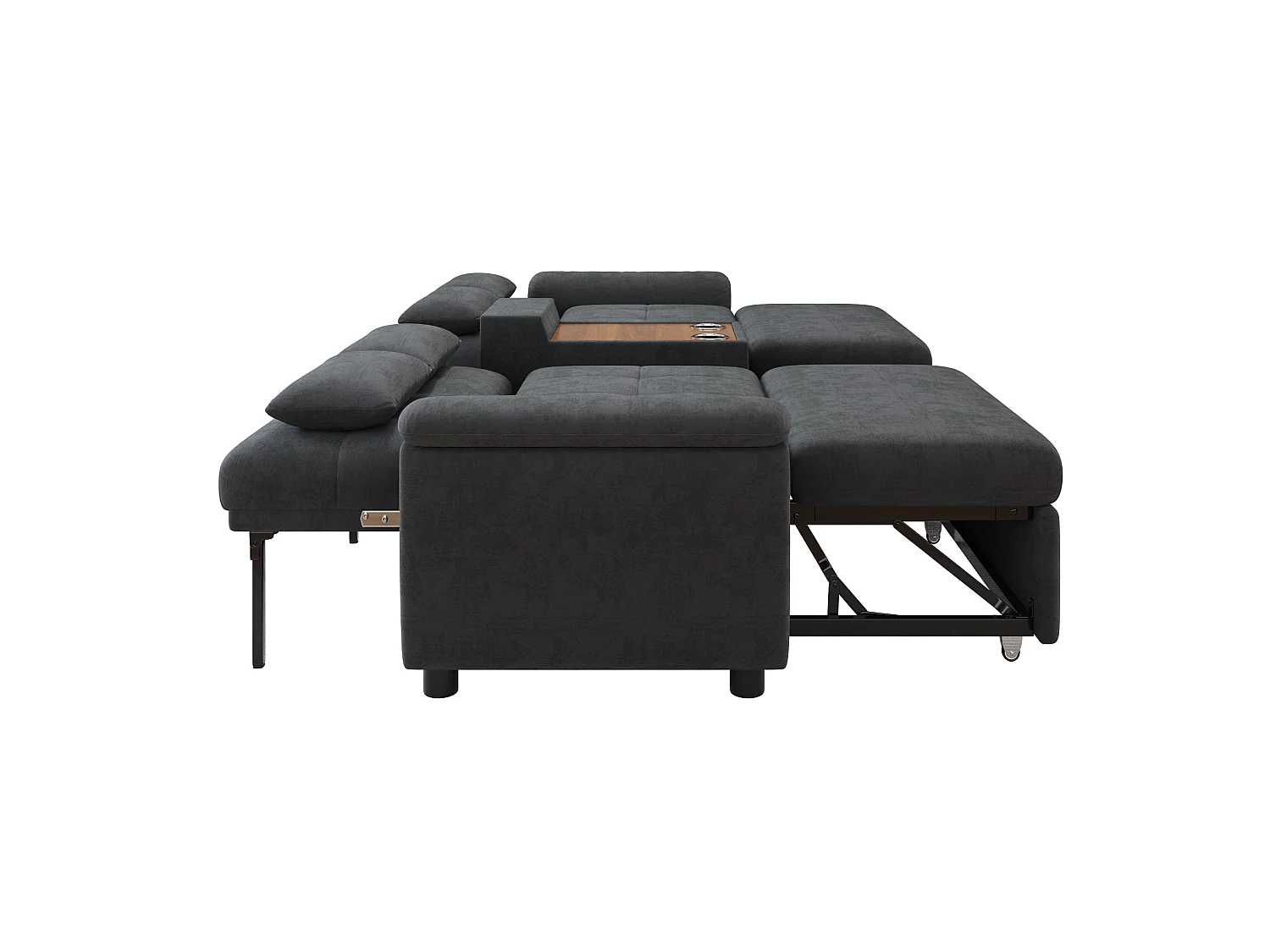 Canapé convertible extensible 4 places en chenille gris foncé, dossier réglable, 4 coussins et porte‑gobelets