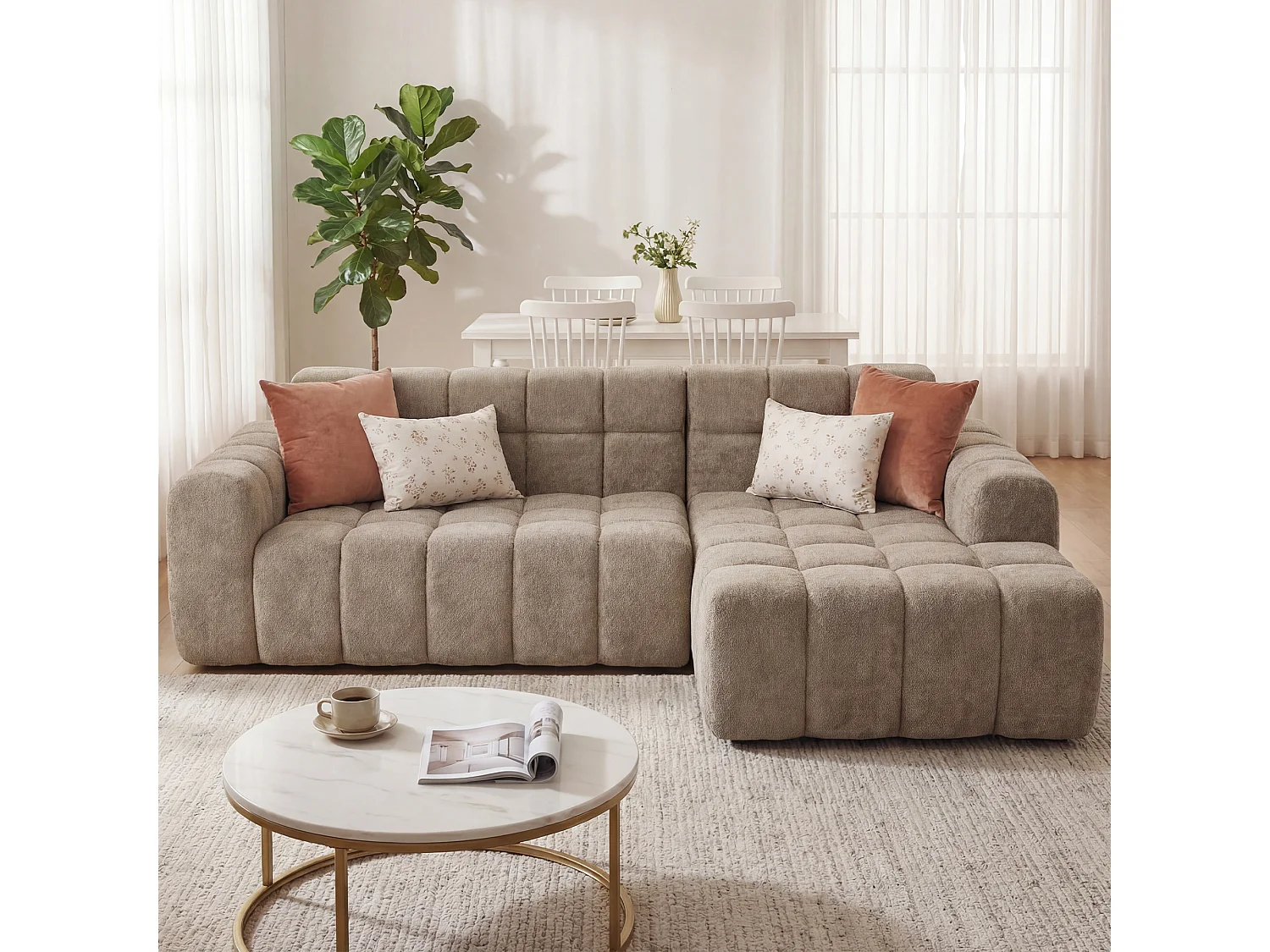 Canapé d’angle 3 places en L en velours taupe, design cubique avec accoudoirs, pour salon