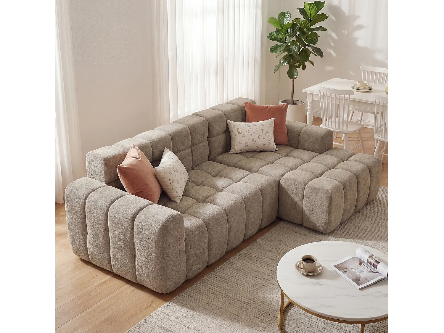 Canapé d’angle 3 places en L en velours taupe, design cubique avec accoudoirs, pour salon