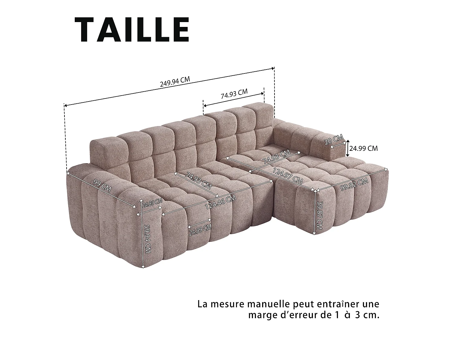 Canapé d’angle 3 places en L en velours taupe, design cubique avec accoudoirs, pour salon