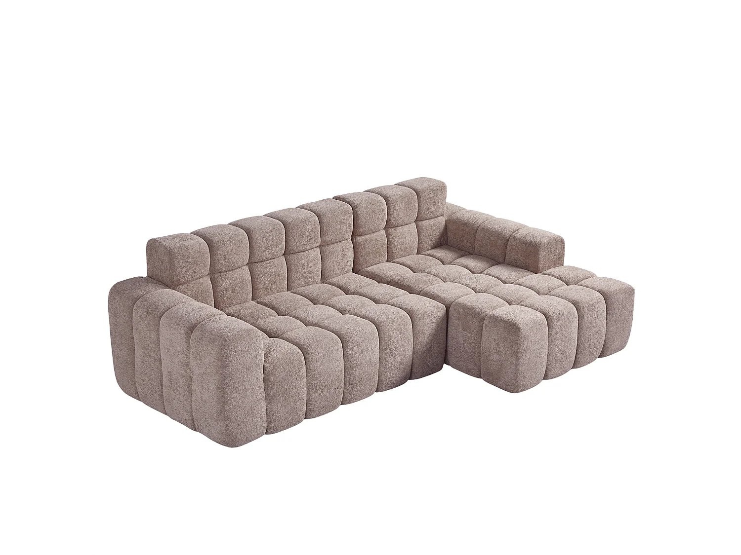 Canapé d’angle 3 places en L en velours taupe, design cubique avec accoudoirs, pour salon