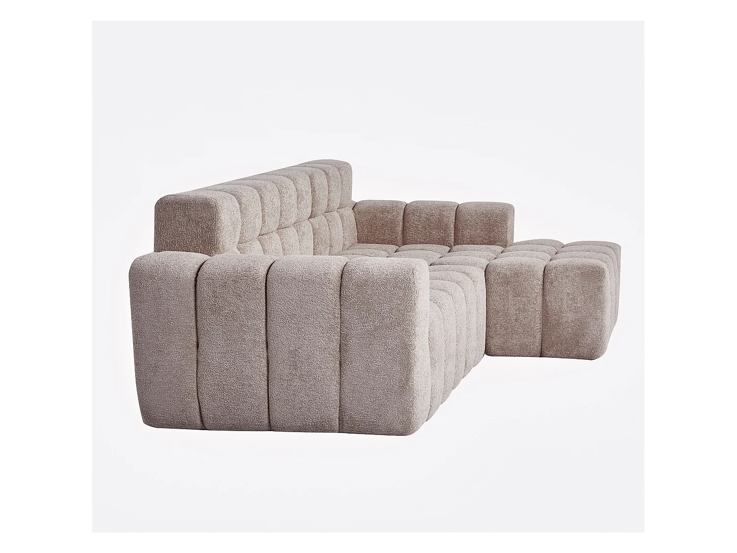 Canapé d’angle 3 places en L en velours taupe, design cubique avec accoudoirs, pour salon